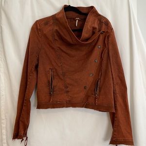 Free People Orange Distressed Denim Jacket